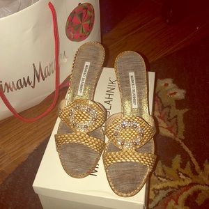 Manolo Blahnik gold reptile kitten heels
